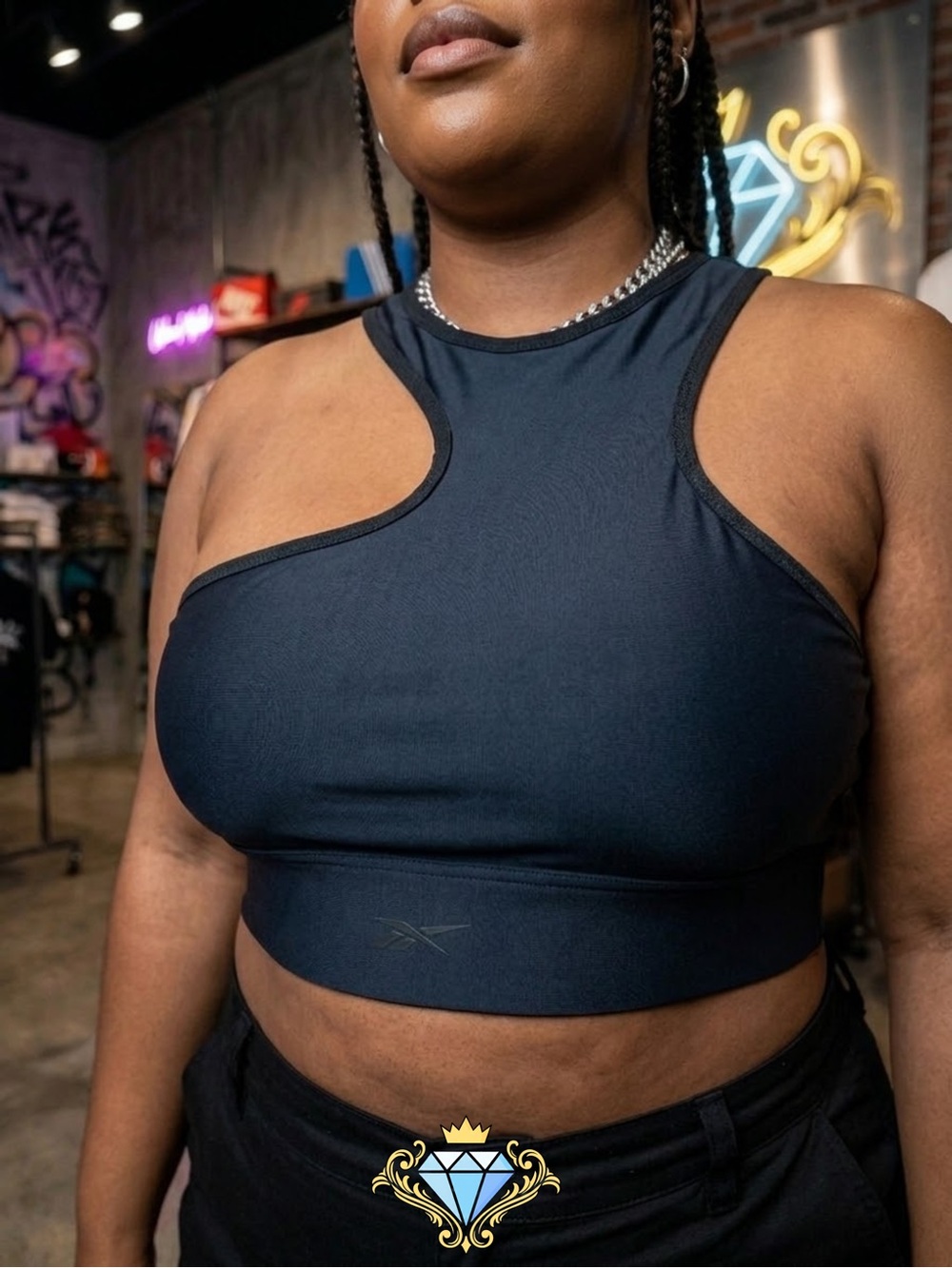 Reebok x Cardi B Cutout Asymmetrical Crop Top Sports Bra | Black Size XL